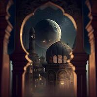 Ramadán kareem antecedentes con mezquita y Luna. 3d representación, ai generativo imagen foto