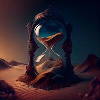 Hourglass in desert. 3d illustration. Time passing concept., Image photo