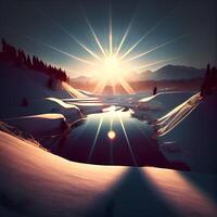 Beautiful winter landscape. Sunrise over the lake in the mountains., Image photo
