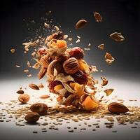 Mixed nuts falling into the air with splashes on black background, Image photo