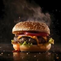 hamburguesa con volador ingredientes en un oscuro antecedentes. rápido comida concepto, ai generativo imagen foto