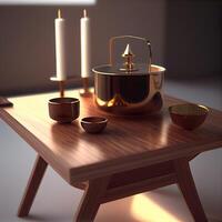 3d rendering of a tea set in a wooden table with candles, Image photo