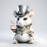 Cute white mouse in the hat of the wizard. White background., Image photo