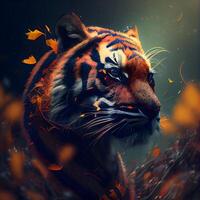 Siberian tiger in the autumn forest. Digital painting with a tiger., Image photo