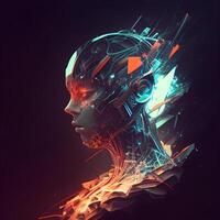 3d illustration of futuristic cyborg head over dark background with glowing particles, Image photo