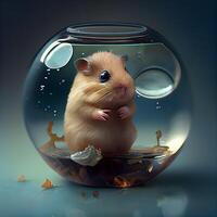 Hamster in a glass bowl on a dark background. 3d rendering, Image photo