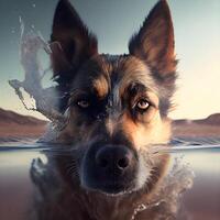 German shepherd dog swims in the water with splashes of water., Image photo