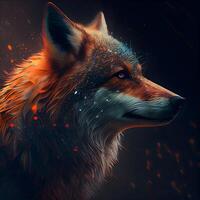 Digital painting of a fox with fire and smoke on a black background, Image photo
