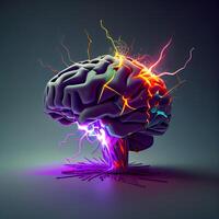 3d illustration of human brain with thunderbolt on dark background., Image photo