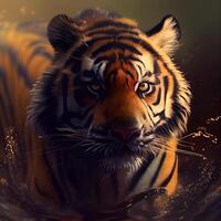 Tiger portrait in water with bokeh background. Digital painting., Image photo