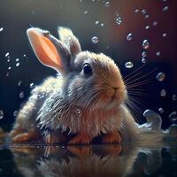 Cute little rabbit in water drops on dark background. Easter concept, Image photo