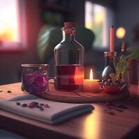 Still life with a bottle of wine on the table. 3d render, Image photo