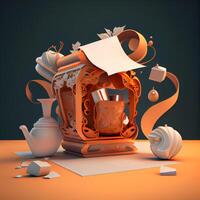 3d illustration of a still life with a lamp and a teapot, Image photo