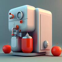 Coffee machine and red apples on grey background. 3d render, Image photo