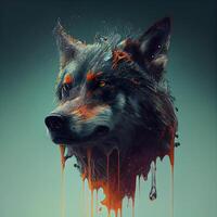 Digital painting of a wolf face with dripping blood on a dark background, Image photo