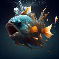 gigante pescado nadando en agua con salpicaduras 3d ilustración, ai generativo imagen foto