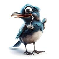 Blue bird with headphones isolated on white background. 3D illustration., Image photo