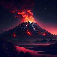 volcán erupción en el noche. 3d ilustración. computadora generado., ai generativo imagen foto