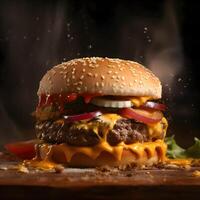 Hamburger with flying ingredients on black background. Fast food concept, Image photo