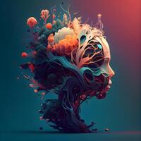 Abstract human head with colorful ink splashes. 3d illustration., Image photo