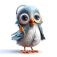 Cute bird with headphones on a blue background. 3d rendering, Image photo