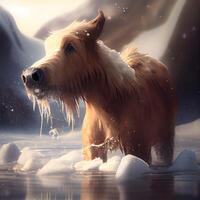 Dog on the ice of the frozen lake in winter. 3d rendering, Image photo