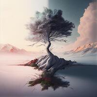 Lonely tree on a mountain island. 3D illustration., Image photo