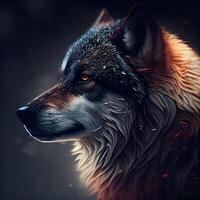 retrato de un lobo con fuego en un oscuro antecedentes. digital cuadro., ai generativo imagen foto