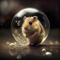 Hamster in a glass ball on a dark background. 3d rendering, Image photo