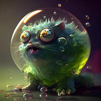 Funny green alien inside the crystal ball. 3D rendering., Image photo