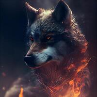 Fantasy portrait of a wolf in fire. Fire and smoke., Image photo