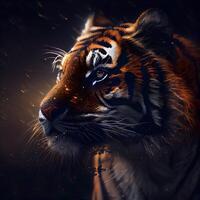 Portrait of a tiger on a dark background with fire and smoke, Image photo