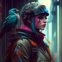 3D rendering of a female aviator with birds in her hair, Image photo