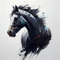 Horse with black mane and paint splashes on white background, Ai Generative Image photo