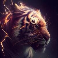 Close up portrait of tiger with lightning in the background. 3D rendering, Image photo