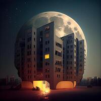 The moon rises over the city at night. Illustration. Elements of this image furnished by NASA, Image photo