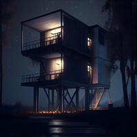 modern building in the city at night, 3d illustration, horizontal, Image photo