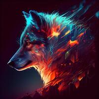 Digital Illustration of a Wolf's Head with a Fire Effect., Image photo