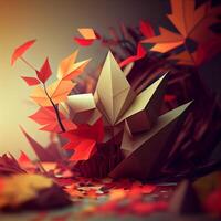 Paper origami birds and autumn leaves. 3d render illustration., Ai Generative Image photo