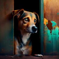 Sad dog looking out of the door. The concept of loneliness and sadness., Image photo