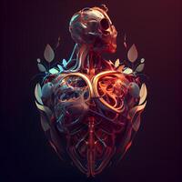 humano corazón con circulatorio sistema en negro antecedentes. 3d ilustración, ai generativo imagen foto