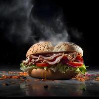 Burger with bacon, cheese, tomato and lettuce on a black background, Image photo