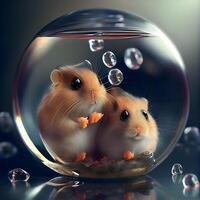 Two hamsters in a round glass aquarium. 3d rendering., Image photo