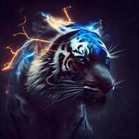 fantasía imagen de un Tigre con relámpago efecto en un oscuro fondo, ai generativo imagen foto