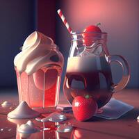 Strawberry smoothies in a glass jar with a straw. 3d rendering, Image photo