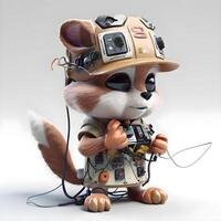 A cute little fox with a camera in his hand and headphones., Image photo