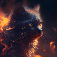 Portrait of a black cat on a background of fire. Digital painting., Image photo