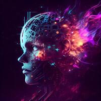 3d rendering of a female robot head with abstract technology background., Image photo