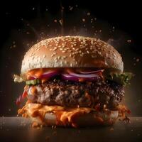Big tasty hamburger on dark background with copy space. Fast food concept, Ai Generative Image photo