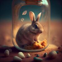 Cute little rabbit in a glass jar with eggs. Easter concept, Image photo